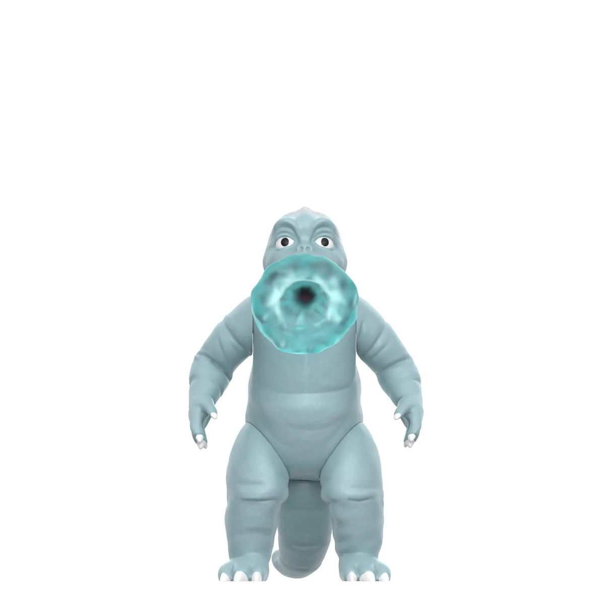 Blue creature figure with a large mouth on a white background