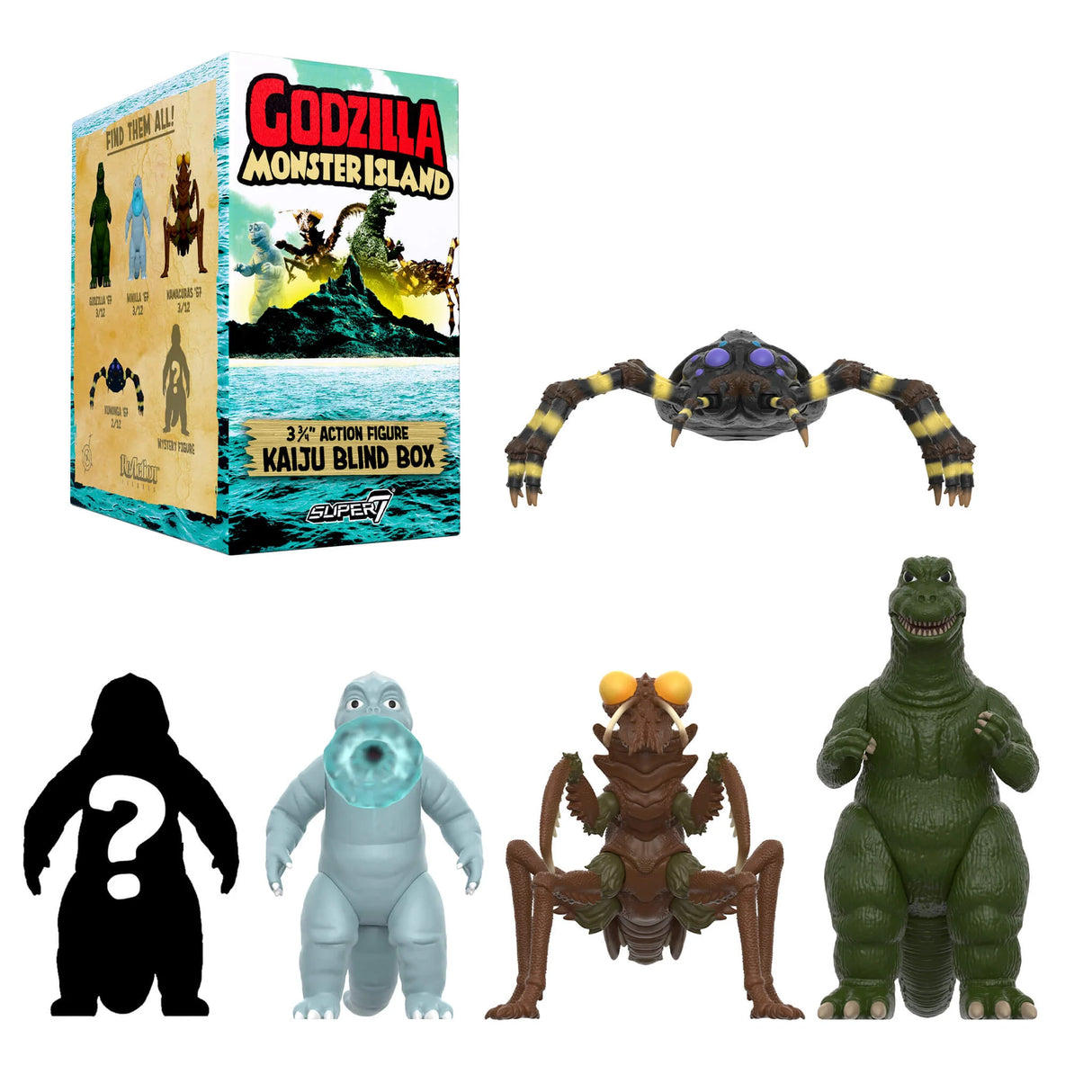 Collection of Godzilla action figures and packaging on a white background