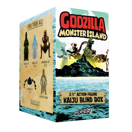 Godzilla Monster Island action figure blind box packaging with images of Godzilla and other monsters.