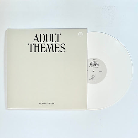 Vinyl record with 'Adult Themes' cover on a white background
