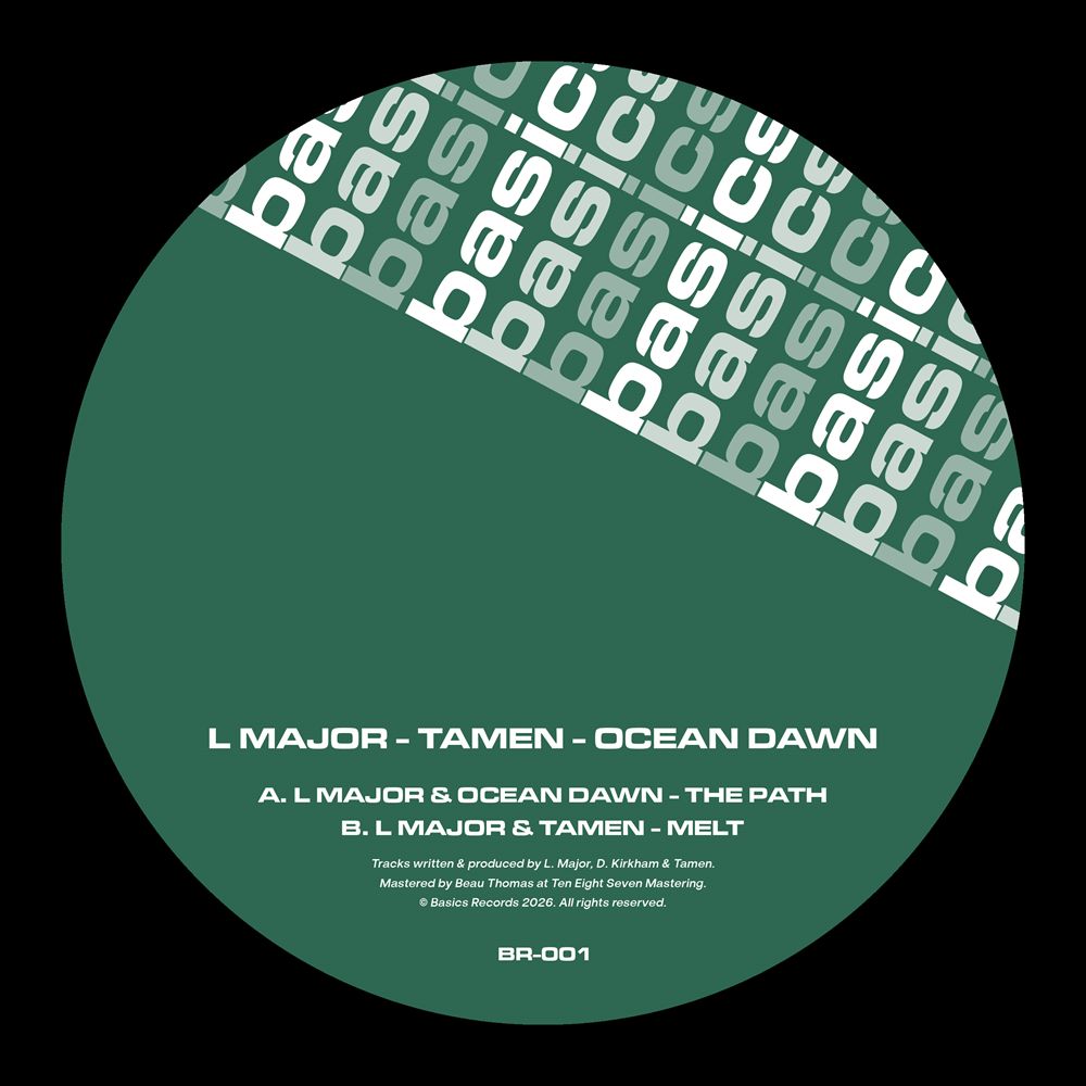 Vinyl record label with 'basic' pattern and track information on a green background