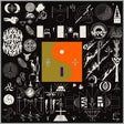 Collage of various abstract shapes and symbols with a prominent orange and green logo in the center.