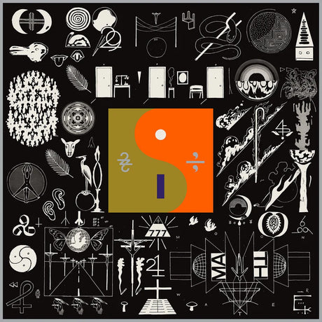 Collage of various abstract shapes and symbols with a prominent orange and green logo in the center.
