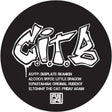 Black vinyl record with white text and logo on a black background