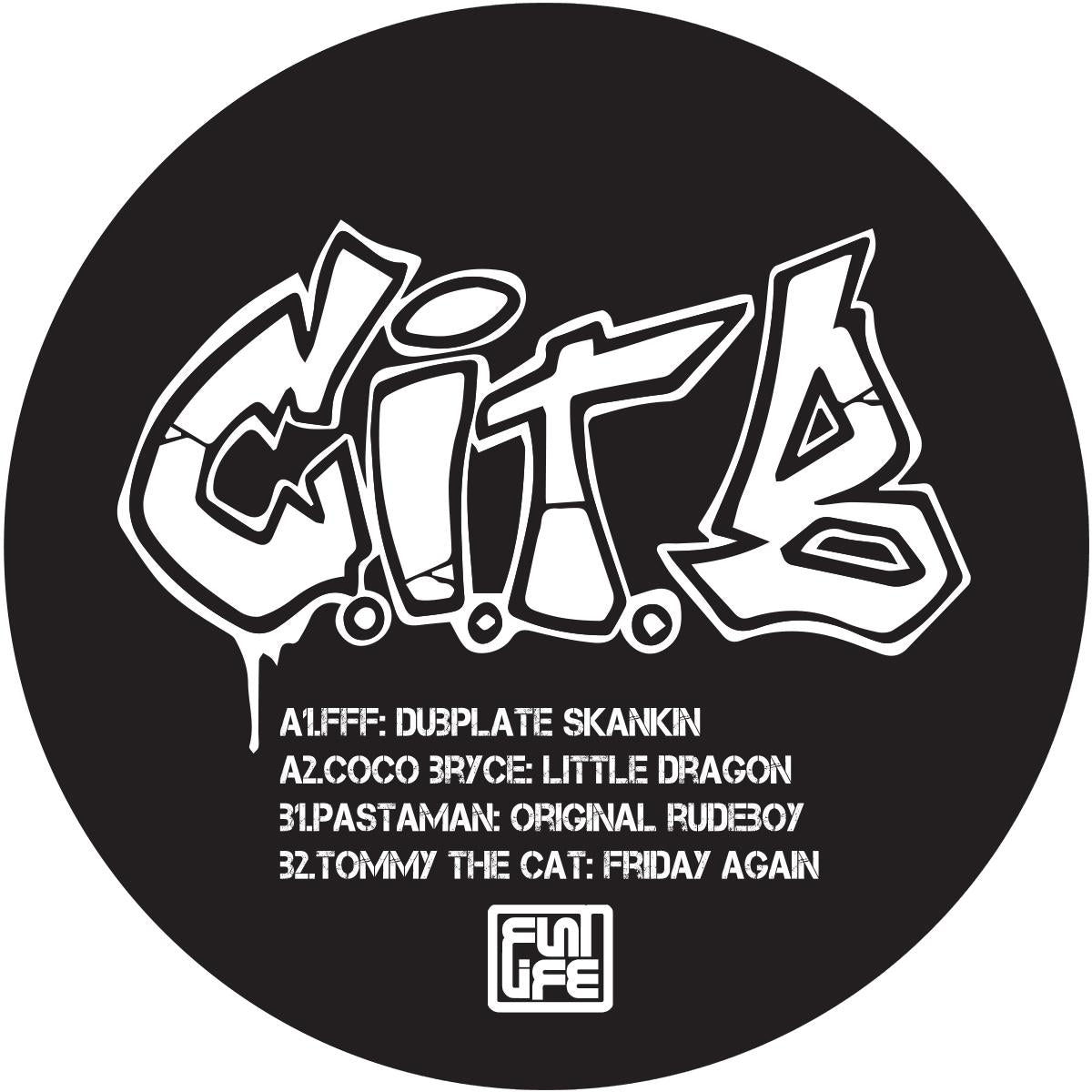 Black vinyl record with white text and logo on a black background
