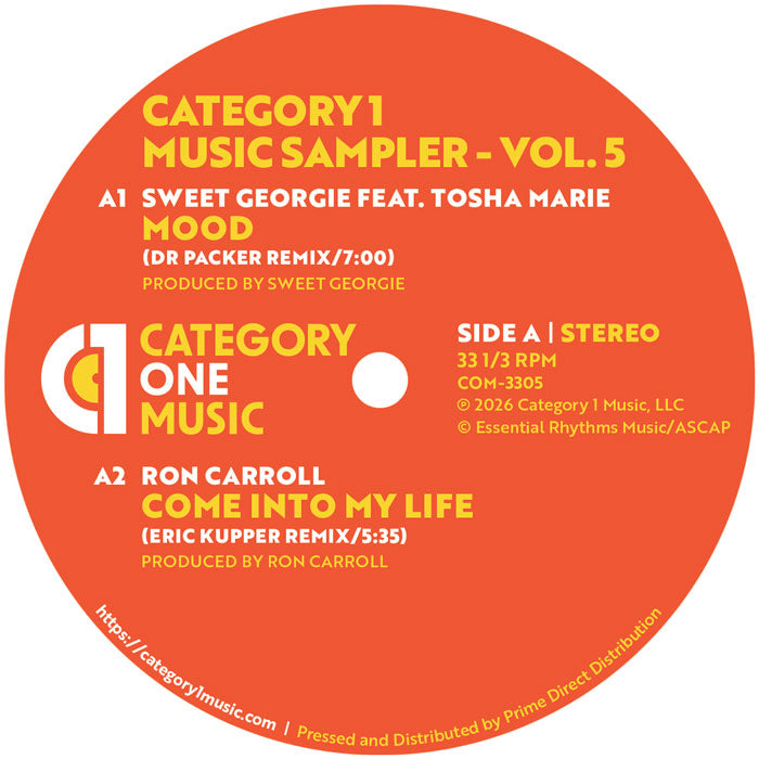 Orange vinyl record label for Category One Music Sampler Vol. 5 with track details.