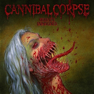 Album cover for 'Violence Unimagined' by Cannibal Corpse with a graphic illustration of a decaying body.