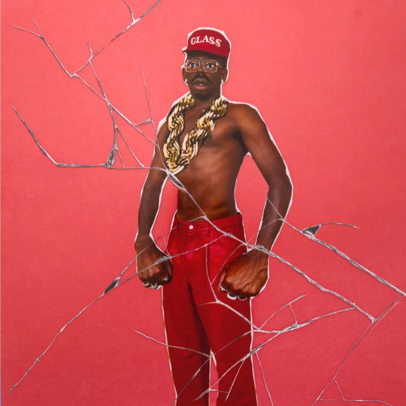 A stylized portrait painting of a shirtless Black man wearing red pants, a red cap with 'GLASS' on it, and a large gold chain, set against a solid red background with cracked-glass lines across the composition.