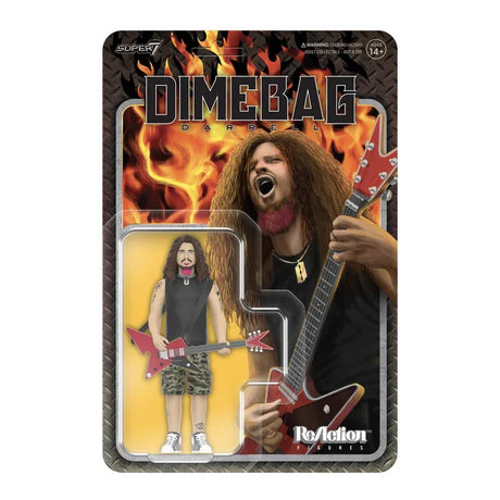 Action figure packaging of Dimebag Darrell with guitar and flames on background