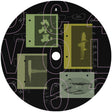 Circular design with cassette tapes and abstract shapes on a black background