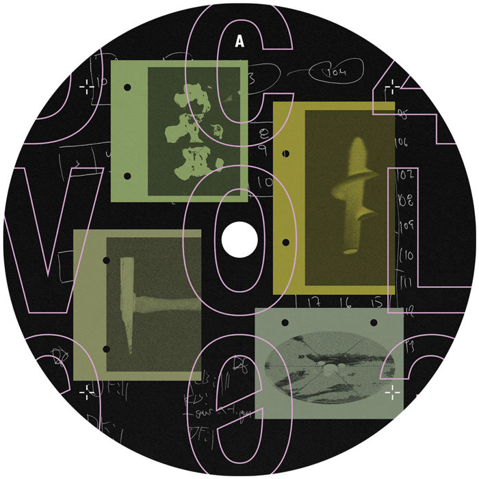 Circular design with cassette tapes and abstract shapes on a black background