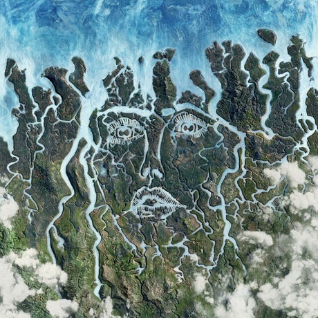 Satellite view of a landscape shaped like a face with eyes and a mouth.