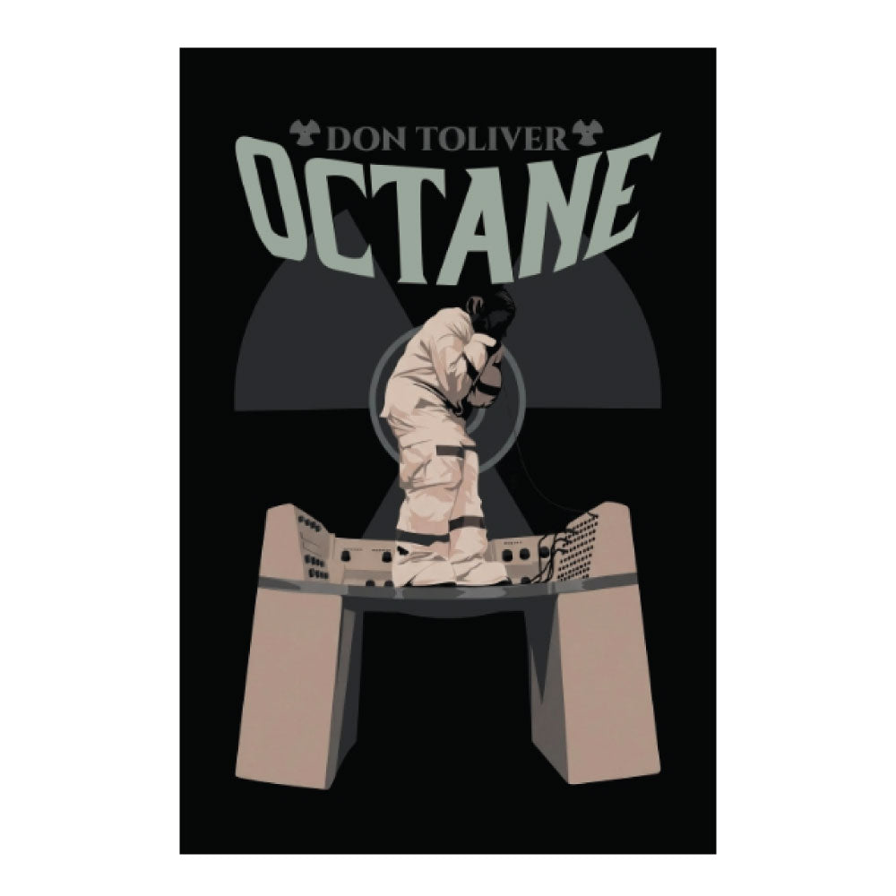 A stylized poster or print featuring the text 'DON TOLIVER OCTANE' above an illustrated figure in a light-colored suit standing on a platform against a black background.