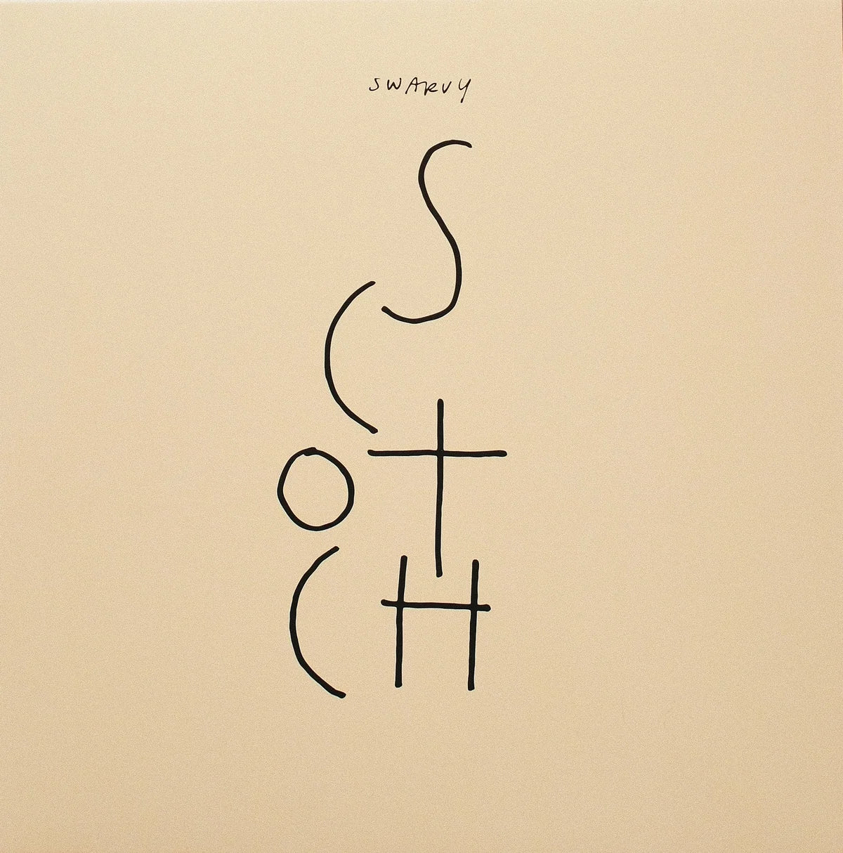 A minimalist black ink drawing on a warm beige background, featuring the word 'swirly' written at the top with abstract letterforms arranged vertically.