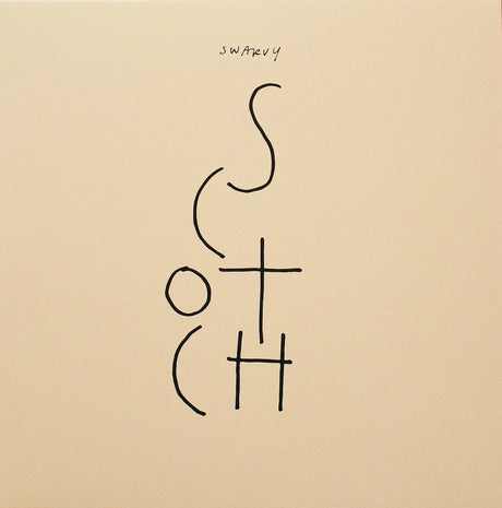 A minimalist black ink drawing on a warm beige background, featuring the word 'swirly' written at the top with abstract letterforms arranged vertically.