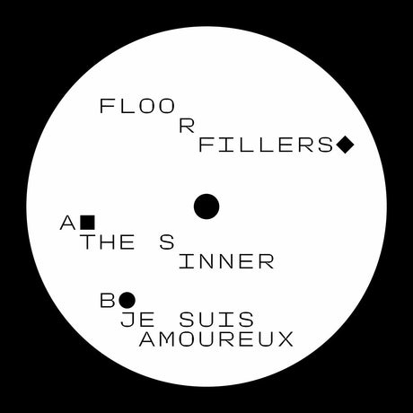 Vinyl record label with text 'FLOOR FILLERS' and 'JE SUIS AMOUREUX' on a black background