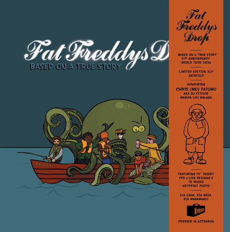 Album cover for 'Fat Freddy's Drop' with illustration of people in a boat with a creature, on a blue and orange background.