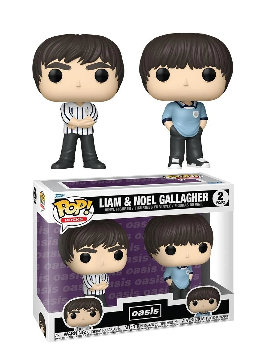 Two Funko Pop! figures of Liam and Noel Gallagher with their packaging on a white background