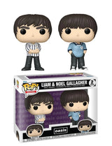 Two Funko Pop! figures of Liam and Noel Gallagher with their packaging on a white background