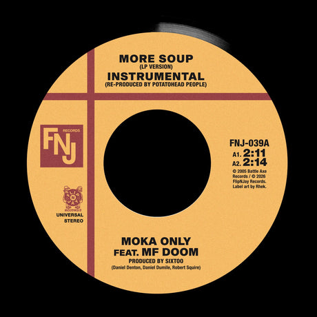 A vinyl record label for 'More Soup (LP Version) - Instrumental' by Moka Only feat. MF Doom, featuring a warm yellow-orange label with black text and red dividing lines on a black background.