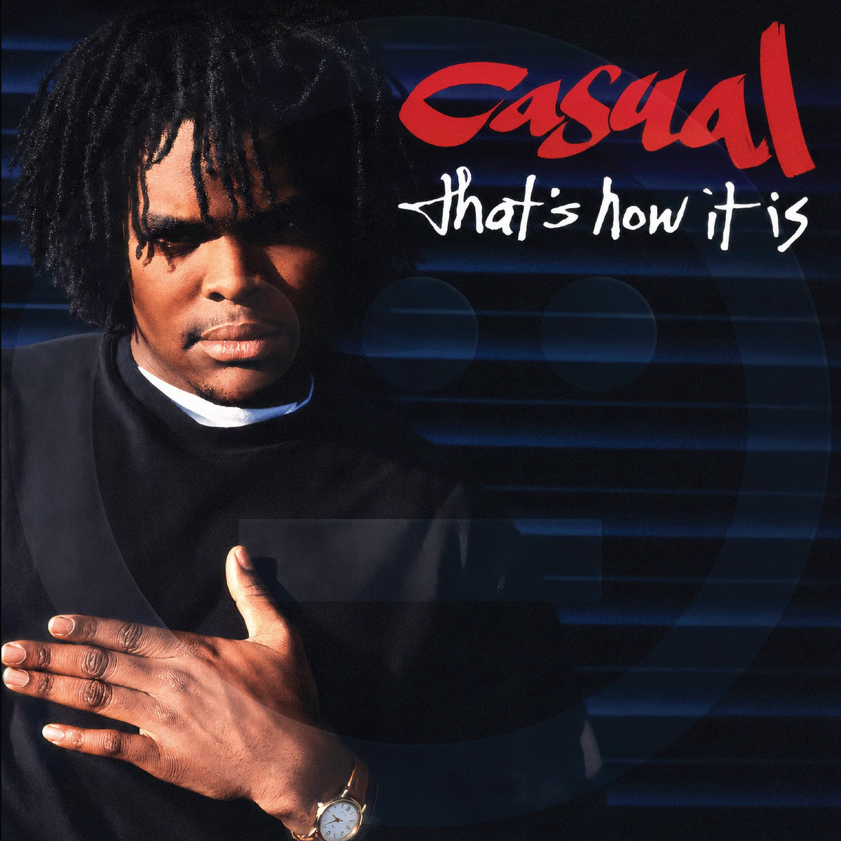 Album cover for 'That's how it is' by the artist Casual, featuring a close-up portrait of the artist in a black shirt against a dark blue striped background with red and white text.