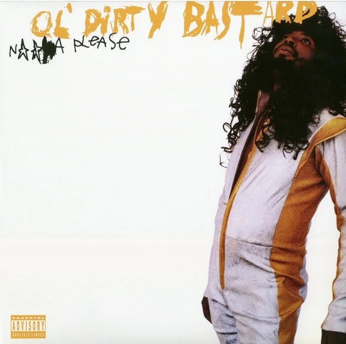 Album cover for 'Nana Please' by Ol' Dirty Bastard, featuring a portrait of the artist on the right side against a plain white background, with the title and artist name in stylized text at the top and a Parental Advisory label in the bottom-left corner.