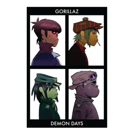 Four animated characters from Gorillaz with the album 'Demon Days' displayed.
