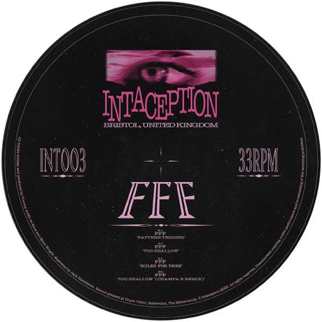 Black vinyl record with pink and white text and design