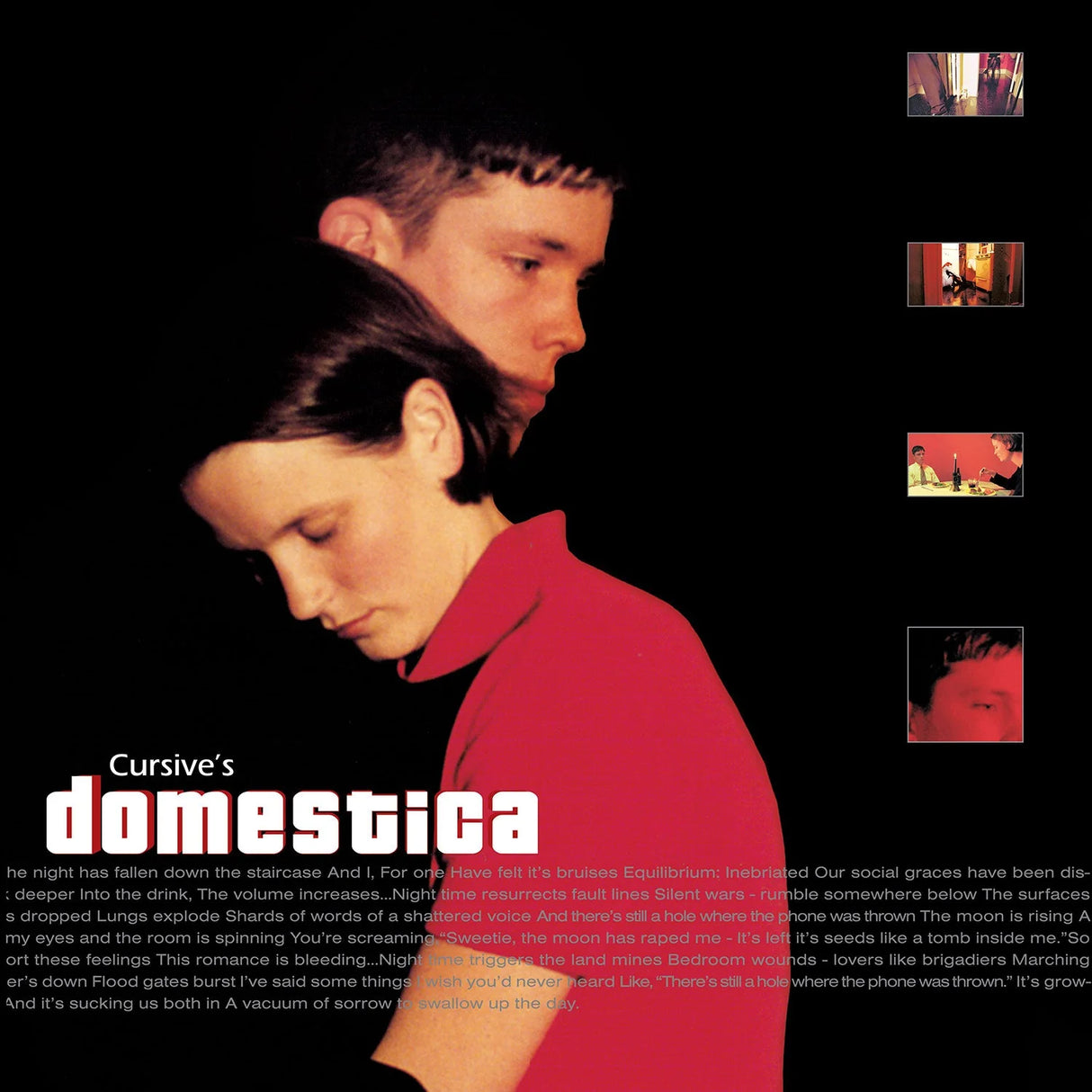 Album cover for 'domestica' by Cursive featuring two people and small inset images.