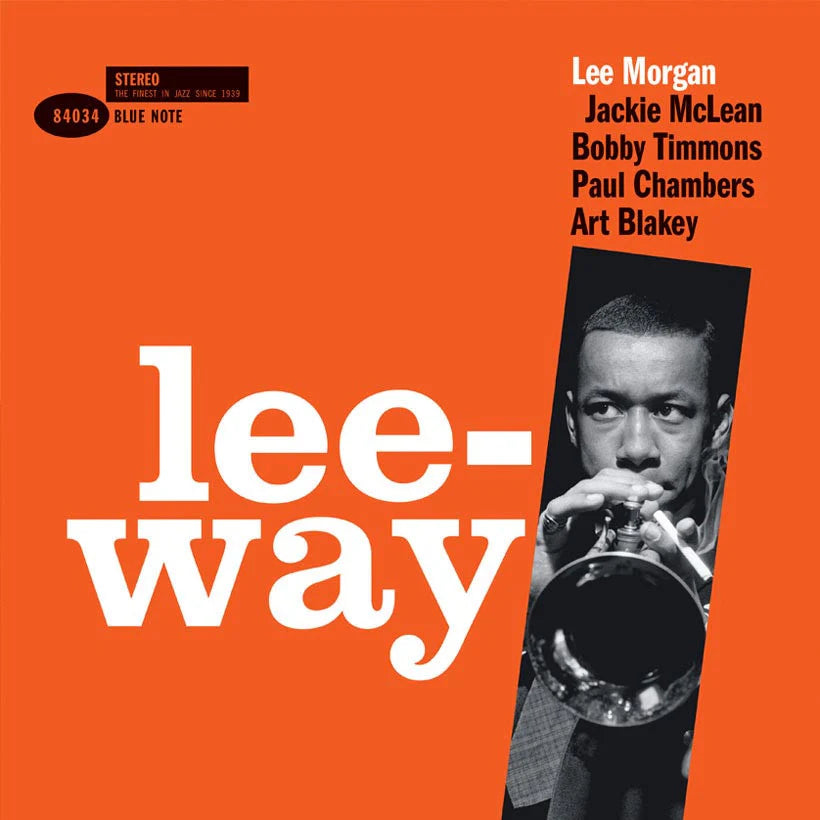 Album cover of 'Lee-Way' by Lee Morgan featuring a black and white photo of a musician with a saxophone on an orange background.