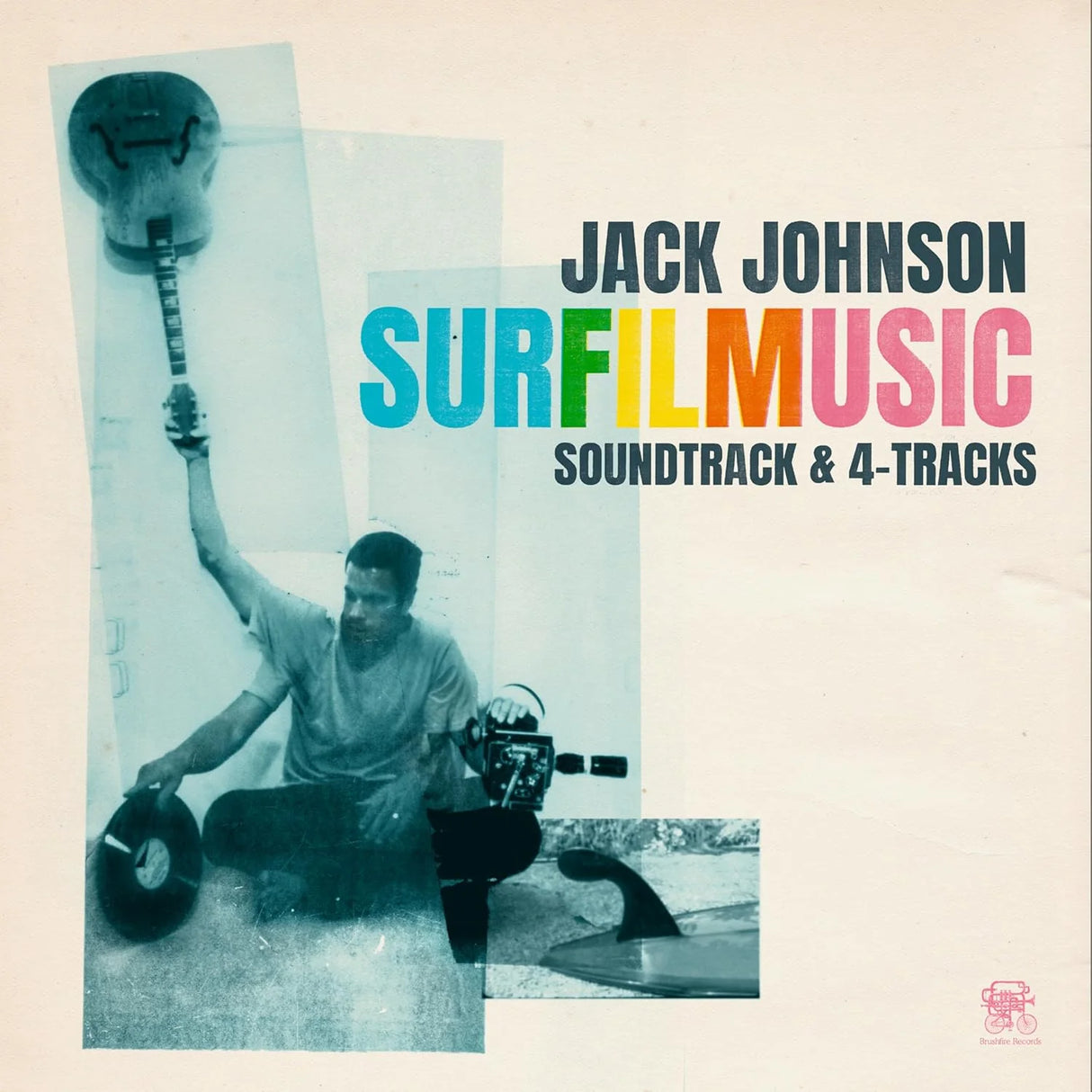 Album cover for 'Surfilmusic' by Jack Johnson with a person holding a camera and surfboard.