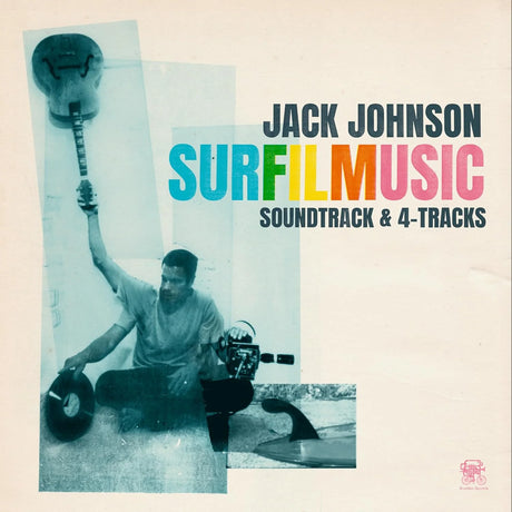 Album cover for 'Surfilmusic' by Jack Johnson with a person holding a camera and surfboard.