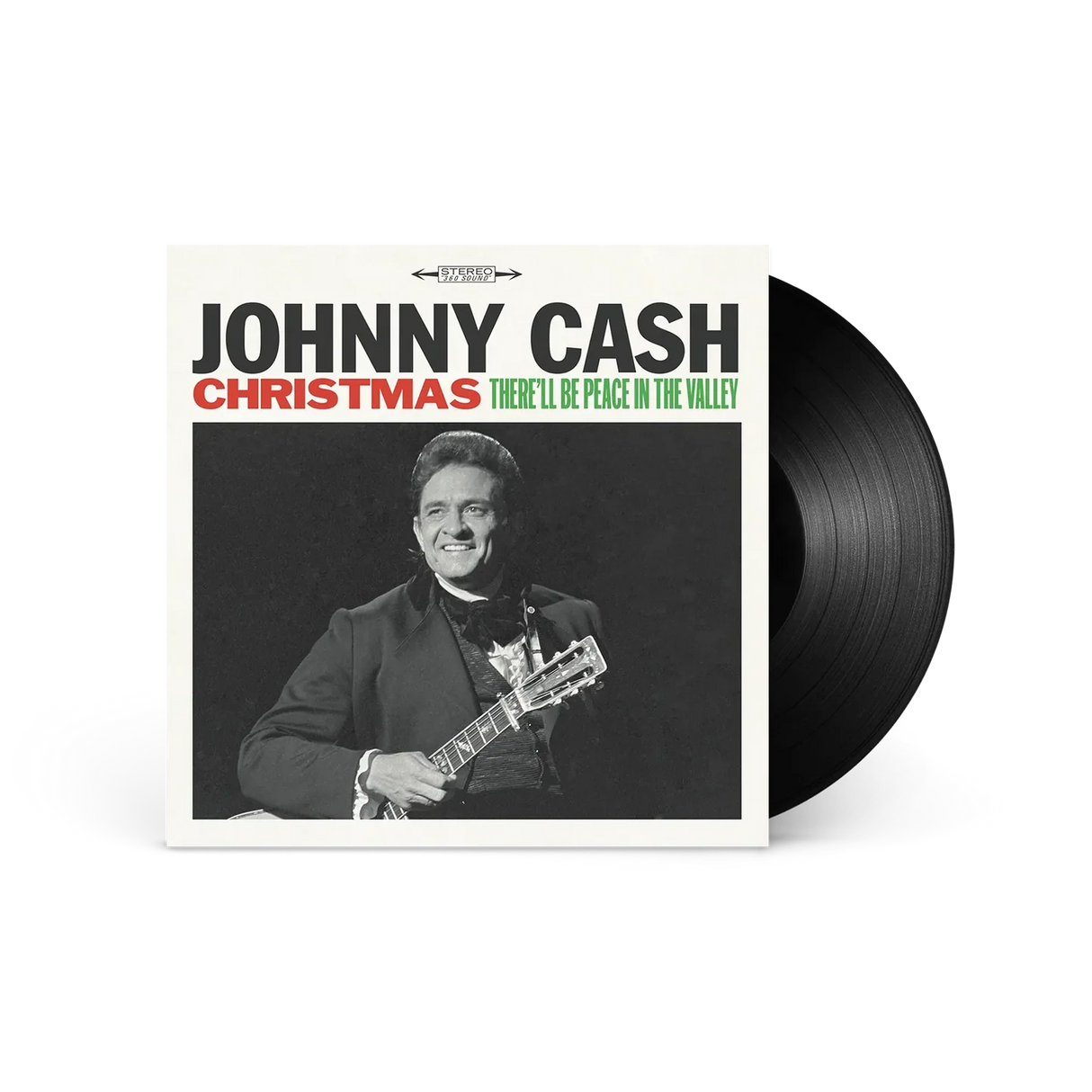 Vinyl record with Johnny Cash cover featuring a black and white photo of the artist holding a guitar.