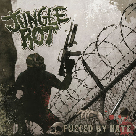 Album cover with text 'Jungle Boy' and 'Fueled by Hate', featuring a person holding a rifle against a barbed wire fence.