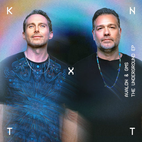 Two men standing side by side with a colorful gradient background and text overlay.