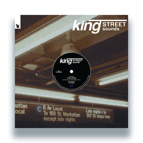 Vinyl record with 'king STREET sounds' branding over a subway station background