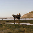 A person reclines on a small wooden table outdoors on a rocky shoreline with water, a pale sky, and a grassy cliff in the background.
