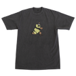 Black t-shirt with a graphic of a person in yellow pants and brown shoes on a white background