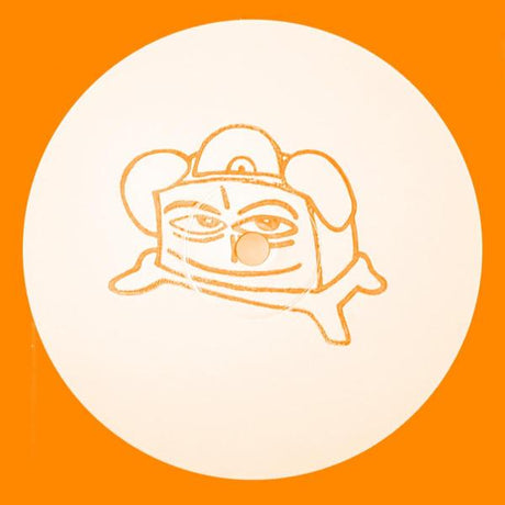 A minimalist orange line art illustration of a cartoon character inside a large off-white circular shape, set against a solid orange background.
