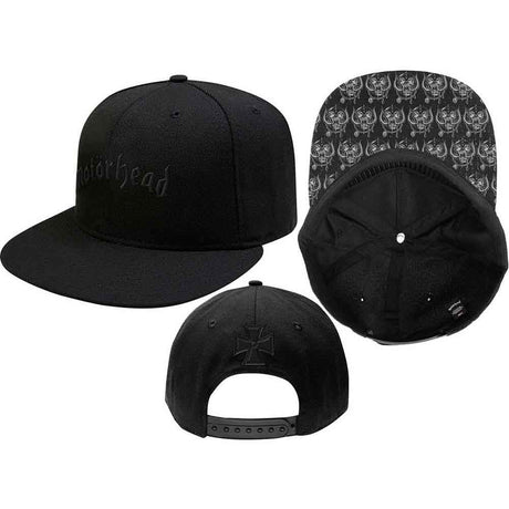 Black cap with 'Motorhead' logo and skull pattern on the back, displayed from front, side, and top views.
