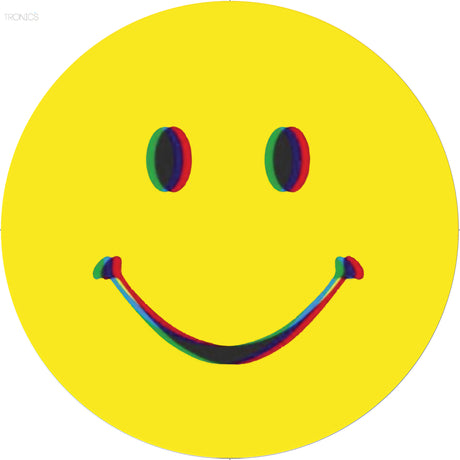 Yellow circle with a smiley face featuring rainbow-colored eyes and mouth on a white background