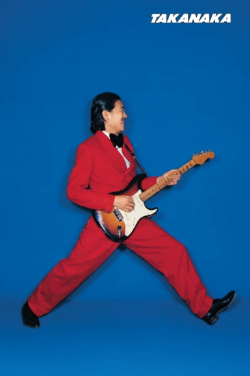 Person in a red suit playing an electric guitar against a blue background with 'Takanaka' branding.