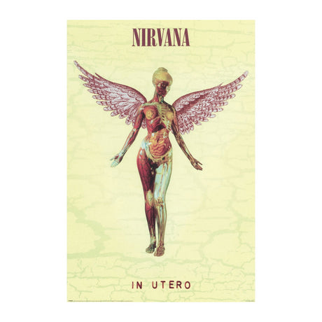 A Nirvana 'In Utero' album art print featuring a stylized anatomical illustration of a winged female figure on a pale cream background with the band name at the top and album title at the bottom.