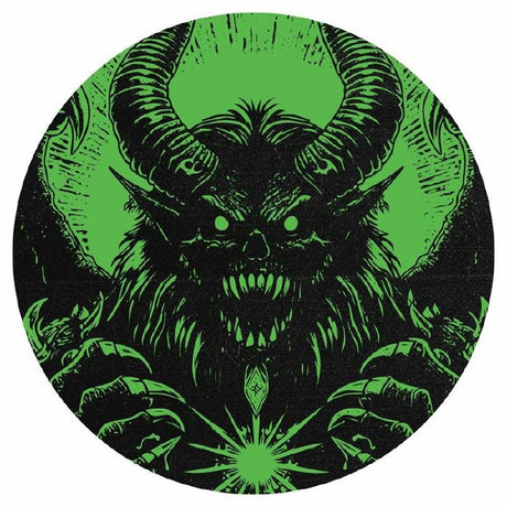 Circular design with a demon-like creature in black on a green background