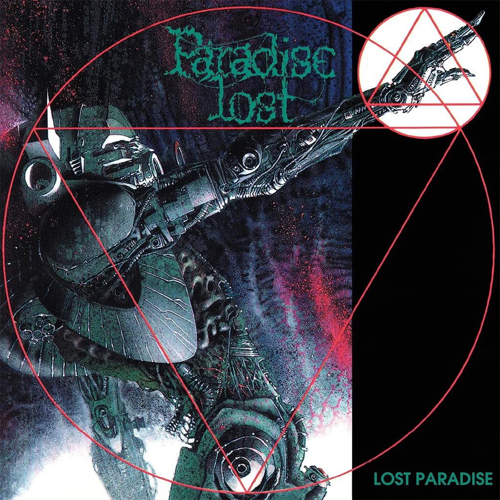 Album cover for 'Paradise Lost' with mechanical dragon design and geometric patterns.