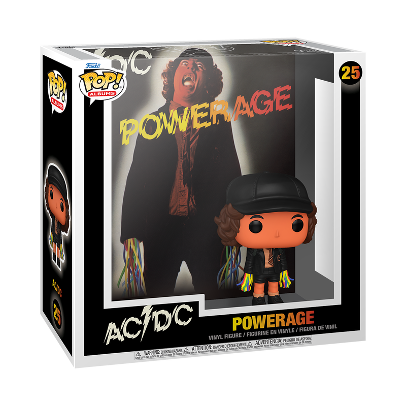Funko Pop! vinyl figure packaging for AC/DC 'Powerage' with character illustration on a white background