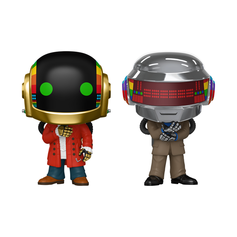 Two character figures with futuristic helmets on a white background