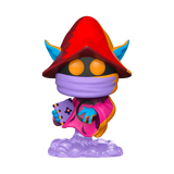 Colorful figurine with a red hat and purple face on a white background