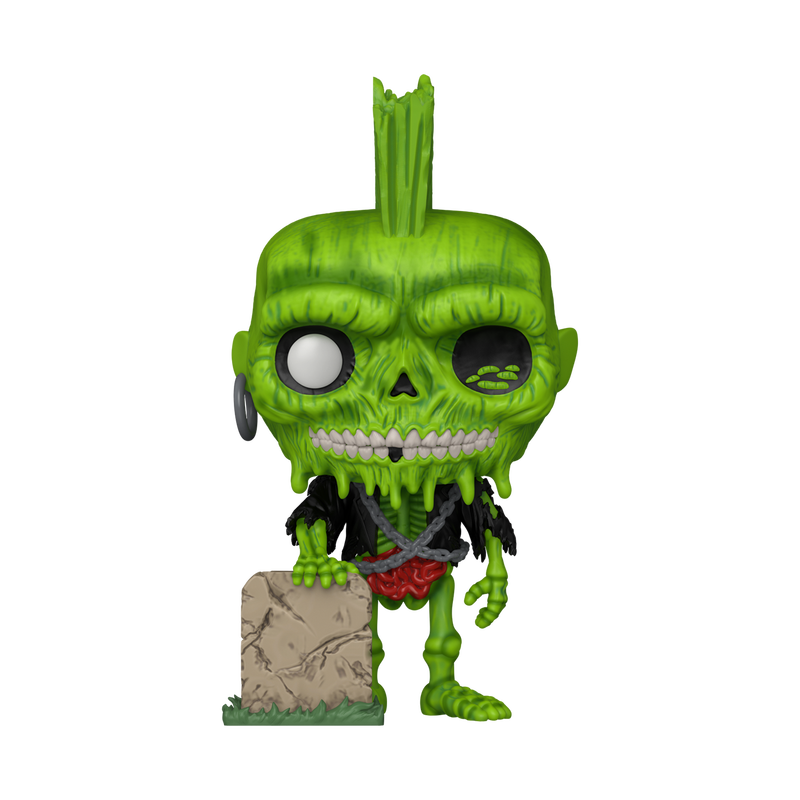 Green skeleton figure with a mohawk on a white background