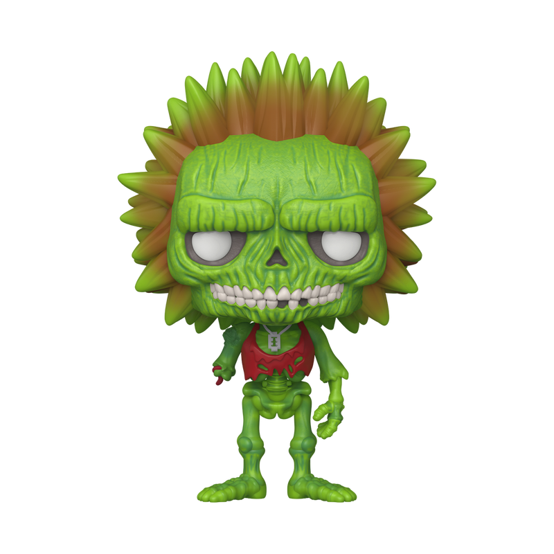 Green skeleton figure with spiky hair on a white background